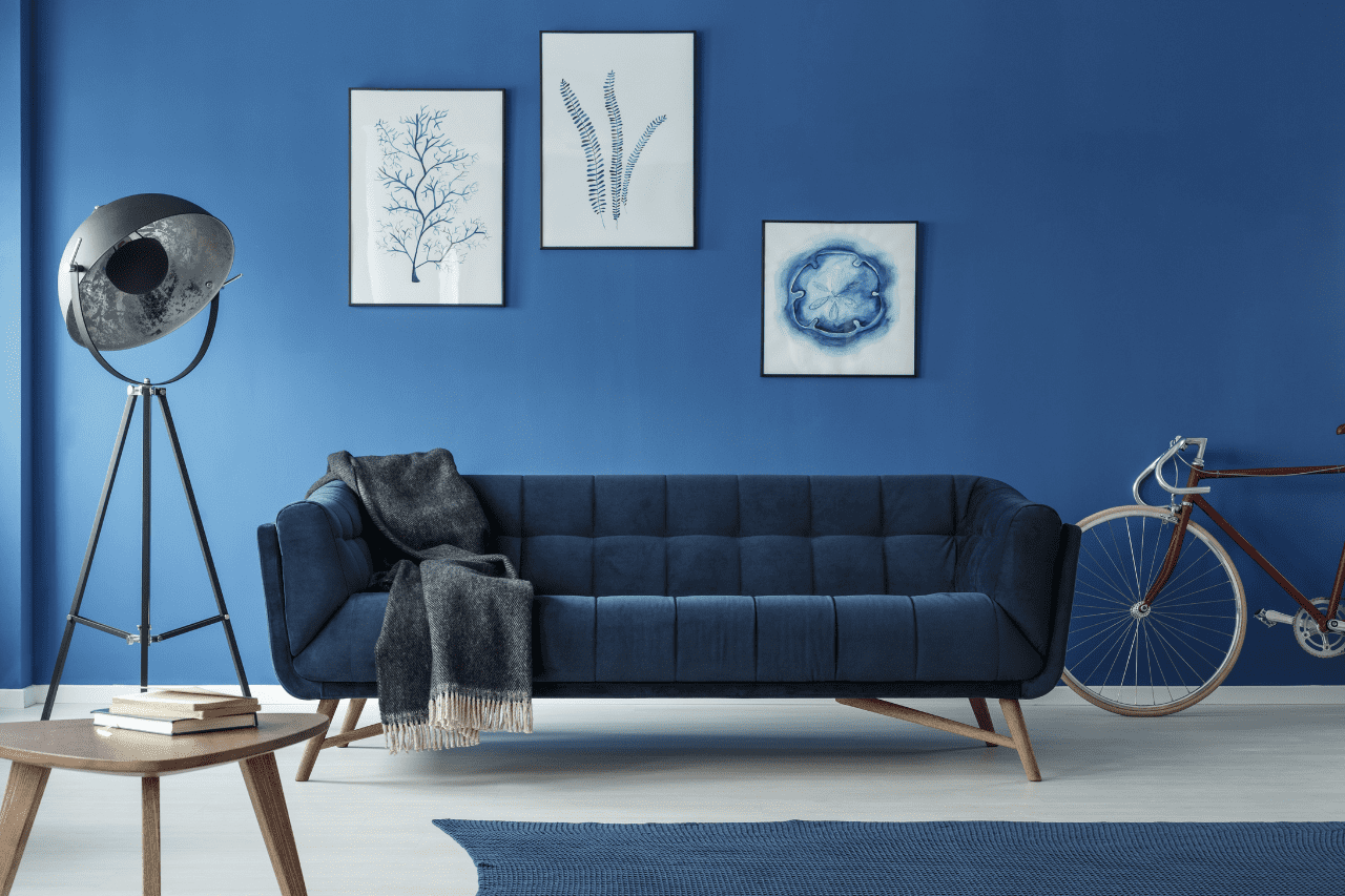 image of A blue wala and and blue sofa