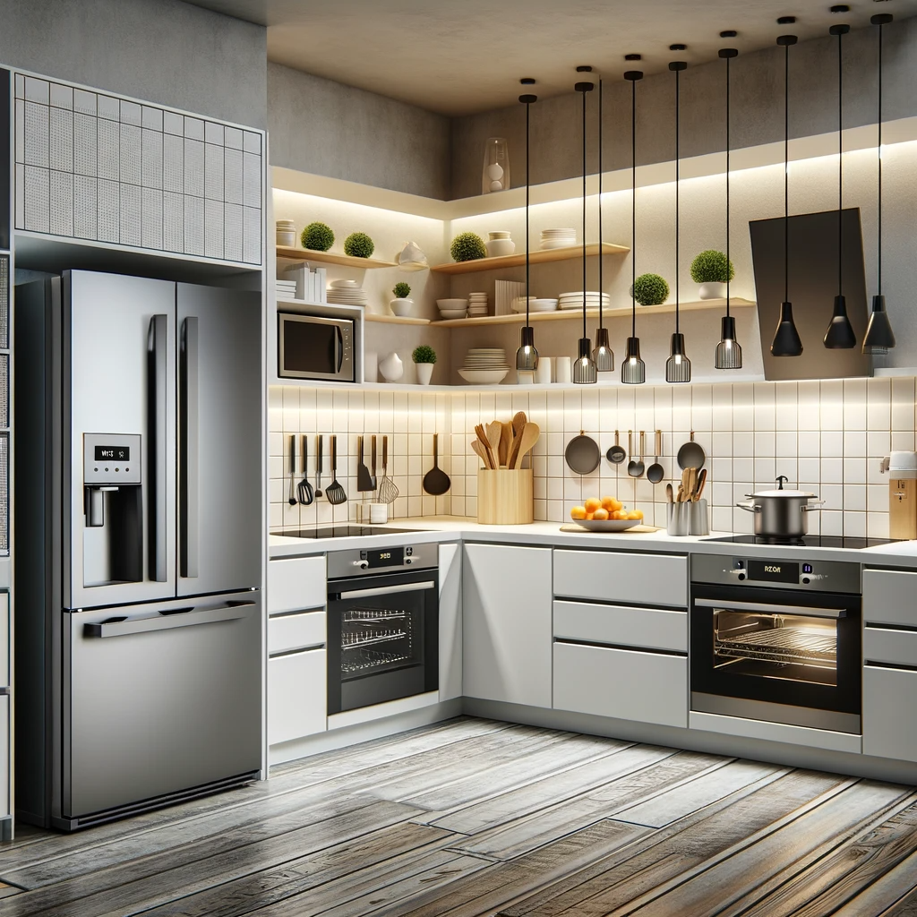 DALL·E 2023 12 20 10.35.34 Modern kitchen design with strategic appliance placement featuring a harmonious arrangement of a refrigerator oven and dishwasher. The layout is pr