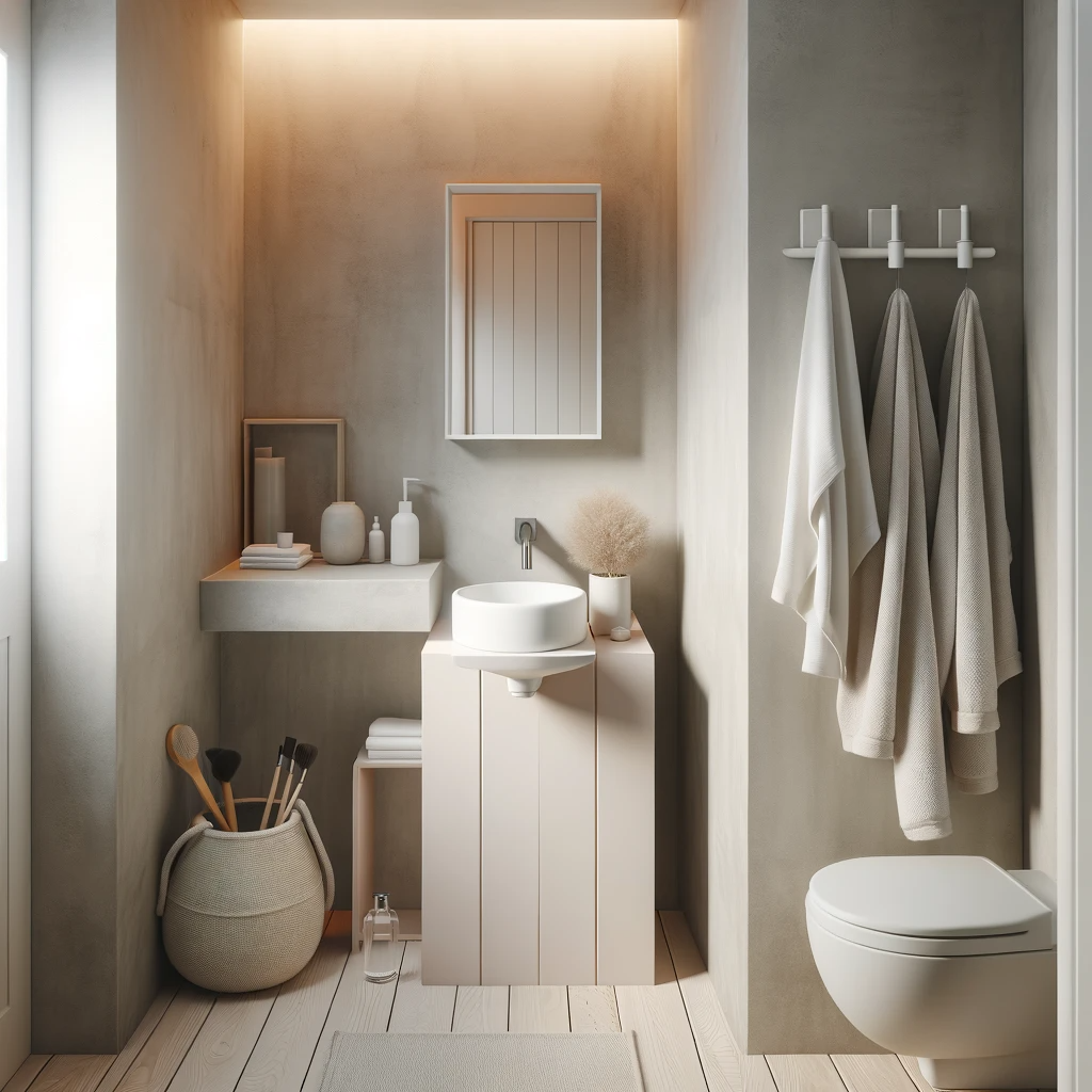 DALL·E 2024 01 07 16.01.49 A compact bathroom with a small pedestal sink minimalist design and light colors creating a spacious atmosphere in a small space