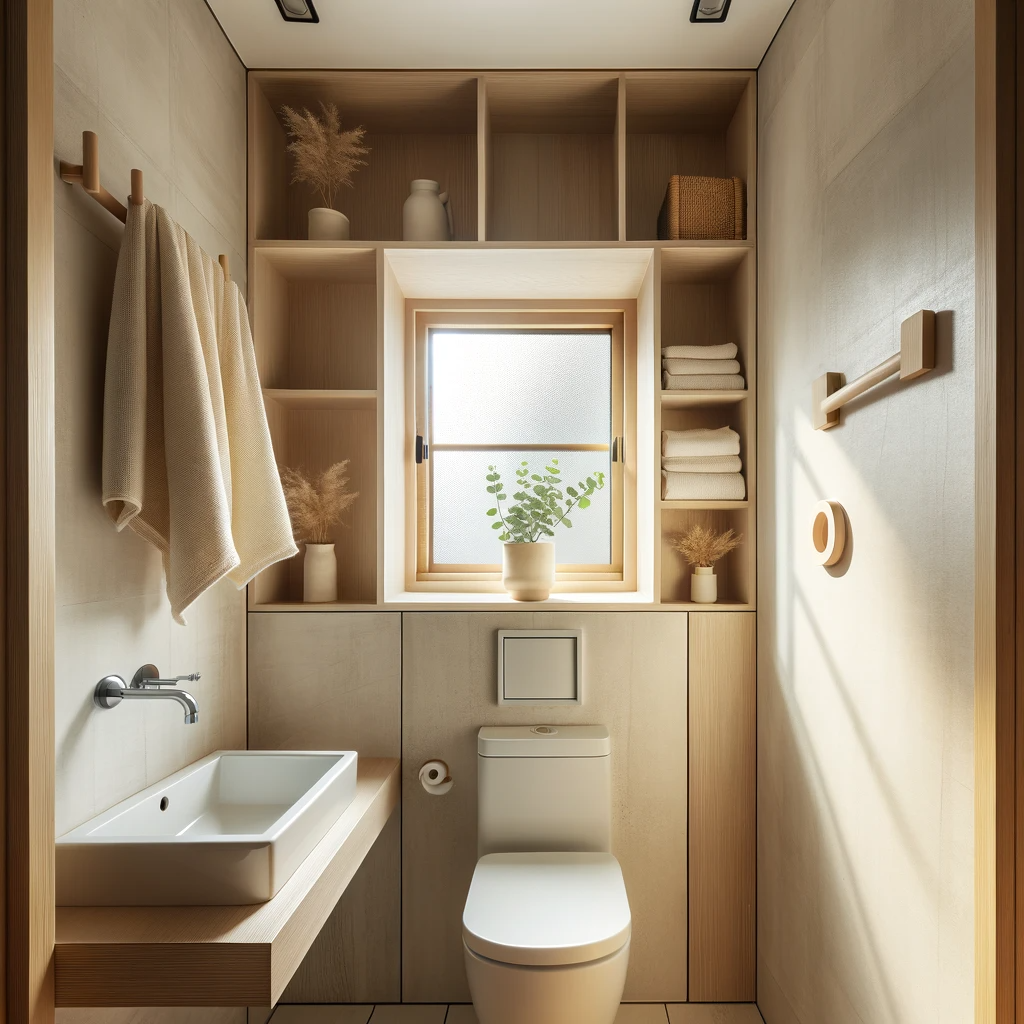 DALL·E 2024 01 07 16.03.46 A small bright bathroom with natural and artificial light featuring a window and light colored walls creating a spacious feel in a compact space