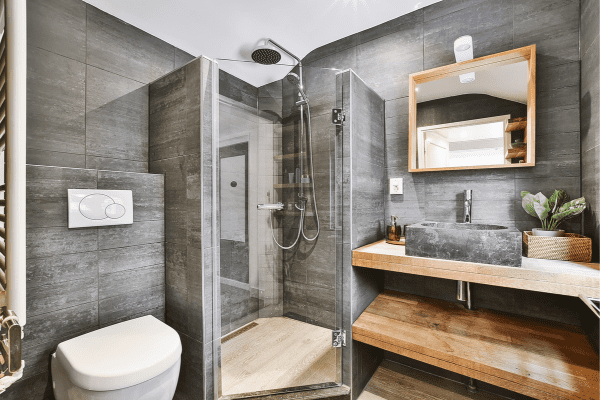Modern bathroom with sleek freestanding bathtub and minimalist design.