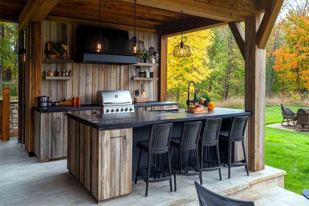 26x26 outdoor kitchen layout with grill, counter, and seating area