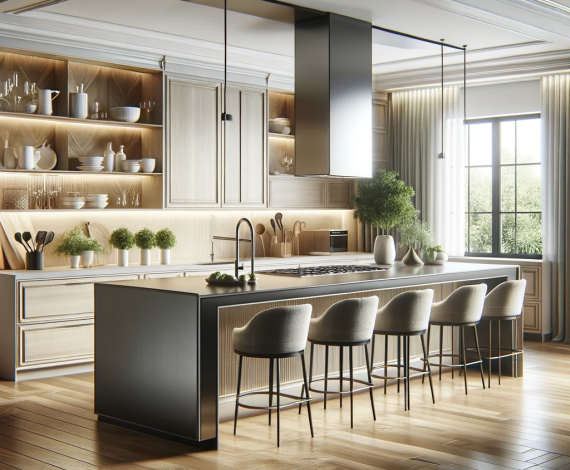 DALL·E 2023 12 20 10.35.38 Elegant and modern kitchen island design showcasing a large central island with seating additional prep space and integrated storage. The island is