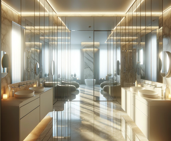 DALL·E 2024 01 07 15.57.47 A bathroom featuring multiple mirrors creating a sense of depth and reflecting light making the room appear larger and brighter